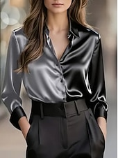 preiswerte Elegante Oberteile-Damen Elegant Satin Bluse Einfach Elegant Täglich Langarm V Ausschnitt Normale Oberteile Täglich Knöpfe Rote Grün Khaki Grau Herbst