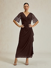 levne Jednoduché šaty-Dámské Maxi šaty Plášťové šaty Elegantní Pevná barva Krátký rukáv Do V Hnědá Léto Jaro Podzim