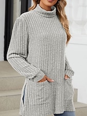 billiga Kvinnors Enfärgade Toppar-Dam Blus Ensfärgat Stylish Ledigt Långärmad Hög hals Långa toppar Dagligen Ficka Svart Rubinrött Blå Kaki Grå Vår Höst Vinter