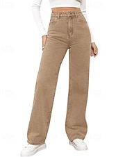 billige brede ben og høy midje-Dame Jeans kinesisk Rett Ferie Årgang Gatemote Full lengde Middels midje عادي Lomme Elastisk midje Bekvem Uelastisk Mikroelastisk utendørs Gate Daglig Svart Grå Marine Svart Hvit Høst Vinter Normal