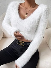 abordables Couleurs unies-Femmes Pull Mode Occasionnel Couleur Unie Côtelé Col en V Tricoté manche longue Hauts Réguliers Tricoter Extérieur Quotidien Week-end Noir Blanche Automne Hiver