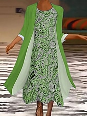 tanie Sukienka boho-Damskie Zestaw sukienek Sukienka maxi Sukienka A line Codzienny Graficzny Plemienny Nadruk Sukienka midi Rękaw 3/4 Półgolf Codzienny Niebieski Fioletowy Zielony Lato Wiosna Regularny