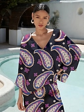 economico camicie, top e camicette-camicetta da donna in raso liscio viola con stampa paisley, vestibilità ampia, scollo a V, top corto
