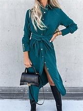 abordables Robe Simple-Femmes Robe Midi Robe trapèze Occasionnel Quotidien Coupe régulière Uni manche longue Revers Noir Rouge Vert Abricot Printemps Automne Hiver