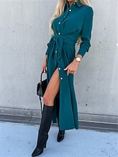 abordables Robe Simple-Femmes Robe Midi Robe trapèze Occasionnel Quotidien Coupe régulière Uni manche longue Revers Noir Rouge Vert Abricot Printemps Automne Hiver