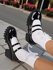 abordables Block Heels-Chaussures Mary Jane à plateforme en similicuir verni noir pour femmes - Double bride à talon épais, style écolière pour la mode Harajuku, le cosplay et le streetwear de tous les jours
