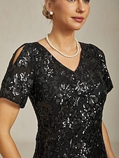  Per donna Abito maxi Tubino Abito a sirena Elegante Festa cocktail Spalle scoperte Festa serale Cocktail party Paillettes Floreale Manica Corta Scollo a V Nero