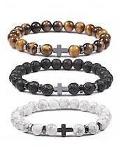 cheap Men's Jewelry-Men's Natural Stone Beaded Bracelet with Cross Charm, Adjustable Stretch Wristband, Spiritual Jewelry for Christmas Gift, Parties and Daily Wear