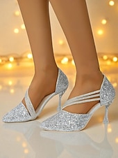 economico Pumps Classici-Scarpe con tacco a punta e glitter oro da donna: eleganti décolleté con tacco alto e cinturino per eventi formali e feste notturne