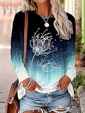 abordables T-shirt Art &amp; Design-Femmes T-shirt A Ombre Graphique Plantes ancien Élégant Classique manche longue Col ras du cou Col rond Hauts Réguliers Quotidien Imprimé Bleu Printemps Automne Hiver