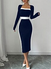 billiga Randig och geometrisk klänning-Dam Midiklänning Sheath Dress Ledigt Helgdag Utekväll Normal Randig Långärmad Fyrkantig hals Svart Fuchsia Mörkblå Vår Höst Vinter