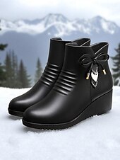 levne Kotníkové boty-Dámské vínové kotníkové boty na klínku z umělé kůže s teplou kožešinovou podšívkou – zimní nepromokavé protiskluzové botičky s mašlí pro běžné sněhové dny, práci i outdoorové nošení