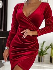 abordables Robe de cocktail-Femmes Robe Midi Robe en Velours Robe de Cocktail Élégant Mode Moderne Extérieur Soirée Tenue de soirée Coupe régulière Uni manche longue Col en V Noir Rouge Bleu Violet Printemps Automne