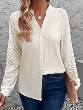 お買い得  テクスチャー付きトップ-女性用 シャツ レースシャツ ブラウス 平織り 近代の 長袖 Ｖネック レギュラートップス 日常 祝日 お出かけ レース パッチワーク アプリコット 秋