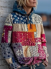 Women's Pullover Hoodies Geometric Plaid Vintage Fashion Streetwear Long Sleeve Hooded Regular Tops Dailywear Casual Drawstring Patchwork Print Denim Blue Spring Fall3