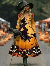 olcso Halloween ruha-Halloween Női Koponyák Nyomás Midi Ruha A-vonalú Ruha Vakáció Hétköznapi Napi Normál Illeszkedés Grafikával Koponya Hosszú Ujjú V Nyakú Kék Narancs Szürke Ősz Tél
