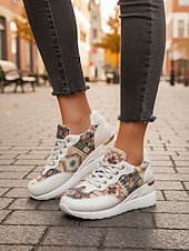 economico Sneakers da donna-sneakers con zeppa dorate da donna – scarpe da ginnastica con plateau e lacci con stampa etnica per abbigliamento casual da strada e viaggi del fine settimana