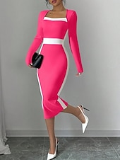 billiga Randig och geometrisk klänning-Dam Midiklänning Sheath Dress Ledigt Helgdag Utekväll Normal Randig Långärmad Fyrkantig hals Svart Fuchsia Mörkblå Vår Höst Vinter
