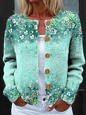 Women's Cardigan Fashion Daily Casual Floral Graphic Ribbed Crew Neck Buttons Print Long Sleeve Regular Tops Knit Outdoor Daily Date Pink Blue Spring Fall3