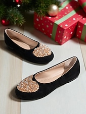 cheap Women&#039;s Christmas Shoes-Women&#039;s Burgundy Faux Suede Flats with Sparkly Heart Rhinestone Design – Chic Dress Shoes for Ladies, Great for Christmas Parties and Daily Outfits