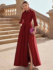 cheap Floor Length-A-Line Floor Length Shirt Dress Formal Dress Evening Gown Long Sleeve Shirt Collar Elegant Formal Satin Mother of the Bride Dress with Slit