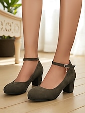 abordables Block Heels-Escarpins Mary Jane à talon carré en daim rose pour femme – bout rond, bride cheville et pendentif breloque pour le bureau, les soirées en amoureux et au quotidien