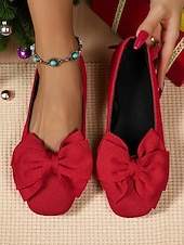billige Flate sko til kvinner-Røde, flate damesko med sløyfe – elegante ballerinasko med slip-on-effekt til julebord, bryllup og hverdagsbruk
