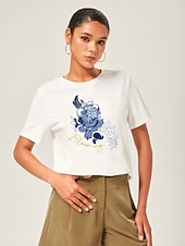 billige T-skjorter-Dame T-skjorte med blomstertrykk i bomull, hvit, kortermet, avslappet topp med rund hals, til hverdagsbruk