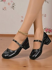 billige 1950-talls retro-Damesko med burgunderfargede Mary Jane-hæler i lakkskinn – vintage pensko fra 50-tallet med blokkhæl og spenne for jenter, cosplay og festantrekk