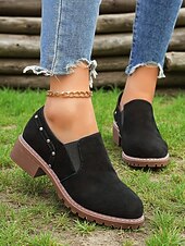 economico Scarpe oxford da donna-scarpe slip-on da donna marrone chiaro con dettagli borchiati, scarpe casual in stile retrò con tacco basso per l'uso quotidiano