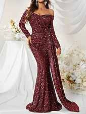 baratos Vestidos de baile-Sereia Vestidos de noite Elegante Traje formal Formal Casamento Cauda Escova Manga Longa Ombro a Ombro Renda com Pregas Franzido 2025