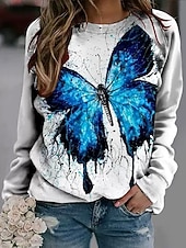 economico Animali Tops-Per donna Pullover Grafico Animale Farfalla Casual Manica Lunga Girocollo Top Regolari Casuale Bianco Blu Blu scuro Autunno Inverno