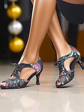 cheap Latin Shoes-Women&#039;s Lace-Up Latin Dance Shoes with Embroidered Mesh Design - Professional Ballroom Heels for Performance and Party Wear