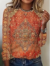 billige Boho t-skjorte-Dame T skjorte Blomstret Grafisk Geometrisk Bohem Årgang Stilfull Langermet Crew-hals Vanlige topper Daglig Helg Ferieklær Trykt mønster Blå Oransje Grønn Vår Høst Vinter
