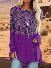 abordables T-shirt Boho-Femmes T-shirt Graphique Tribal ancien Élégant Occasionnel manche longue Col ras du cou Hauts Longs Quotidien Sortir Week-end Imprimé Bleu Violet Vert Kaki Printemps Automne
