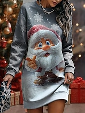 Недорогие Рождественские платья-Новогодняя тематика Жен. Мини-платье Платье прямого кроя Отпуск На каждый день День рождения Свидание Стандартный Графика Дед Мороз Длинный рукав Вырез под горло Черный Красный Серый Весна Осень Зима