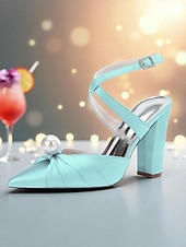 cheap Cocktail-Women&#039;s Blue Satin Block Heel Pumps with Pearl Detail and Ankle Strap - Elegant Pointed Toe Shoes for Formal Occasions and Cocktail Parties