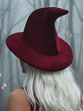 levne Halloweenské doplňky-Dámský halloweenský čarodějnický klobouk – sametový špičatý čarodějnický klobouk s hvězdným přívěskem na kostýmní párty, cosplay a festival