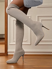 זול מגפי אופנה-מגפי אופנתיים שחורים סריג מעל הברך עם עקב סטילטו לנשים - מגפיים אלגנטיים נמתחים עד הירכיים למסיבות ערב, מועדונים ואירועים רשמיים