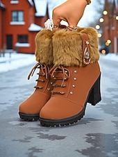  Botas femininas de couro sintético marrom com punho de pele e salto grosso – botas quentes de inverno com cadarço e detalhes de strass para mulheres, perfeitas para uso ao ar livre, casual e de férias