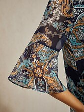 billige skjorter, topper og bluser-Dame Paisly Avslappet Blå Paisley 3/4 Erme Elegant Fritid hverdag Crew-hals Rund Sommer Vår Høst