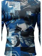 お買い得  ランニングTシャツとタンクトップ-男性用 幾何学模様 抽象的 コンプレッション・シャツ ランニングＴシャツ 春 秋 3Dプリント 長袖 速乾性 ビデオ圧縮 パワーフレックス 吸汗性 高通気性 ジムトレーニング アクティブトレーニング ランニング サイクリング 運動 フィットネス ブルー スポーツウェア アクティブウェア