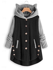 halpa Fleece-vuoratut takit-Naisten Sherpa takki Mukava Hengittävä Tasku Napit Vapaa-aika Tavallinen Loma Katu Kausaliteetti Arki-asut Yksirivinen Pitkä Hupullinen Loose Fit Pitkähihainen Päällysvaatteet Musta Punastuvan