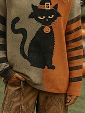 billige Halloween topper-Dame Pullover Grafisk Katt Gresskar Årgang Mote Klassisk Langermet Crew-hals Vanlige topper Avslappet Trykt mønster Oransje Høst Vinter