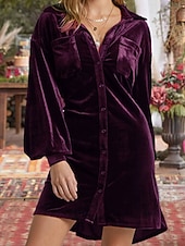 abordables Robe de cocktail-Femmes Robe Midi Robe Décontractée Mode Classique Moderne Extérieur Vacances Fête Coupe régulière Uni manche longue Col de chemise Violet Marron Vert Été