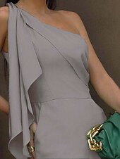 Недорогие Полуформальный / Коктейль-Комбинезон  брюки для матери невесты Элегантное простое минималистичное платье с одним плечом длиной до пола из полиэстера без рукавов с бантом/рюшами однотонного цвета