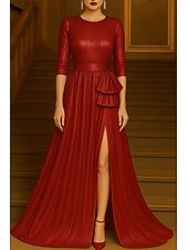 preiswerte A-Linie Abendkleider-Goldschwarzes A-Linien-Abendkleid, elegantes Abendkleid, formelle Hochzeit, bodenlang, 3/4-Ärmel, Rundhalsausschnitt, Lurex-Stoff mit Glitzerfalten, 2025