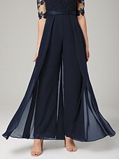 tanie Kombinezony mamy-Kombinezon dla Matki Panny Młodej Formalna Gość Ślubna Elegancka Przyjęcie Wykrojony Rękaw 3/4 Długości Kostek Chiffon Koronka z Aplikacjami