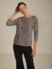 levne Halenky a košile-Dámský top s leopardím potiskem – elegantní halenka s kulatým výstřihem a tříčtvrtečními rukávy, elastická slim fit košile pro volný čas do práce, na denní nošení i na večer