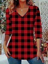 Christmas Women's Blouse Plaid Boho Long Sleeve V Neck Regular Tops Daily Red Blue Spring, Fall, Winter, Summer4